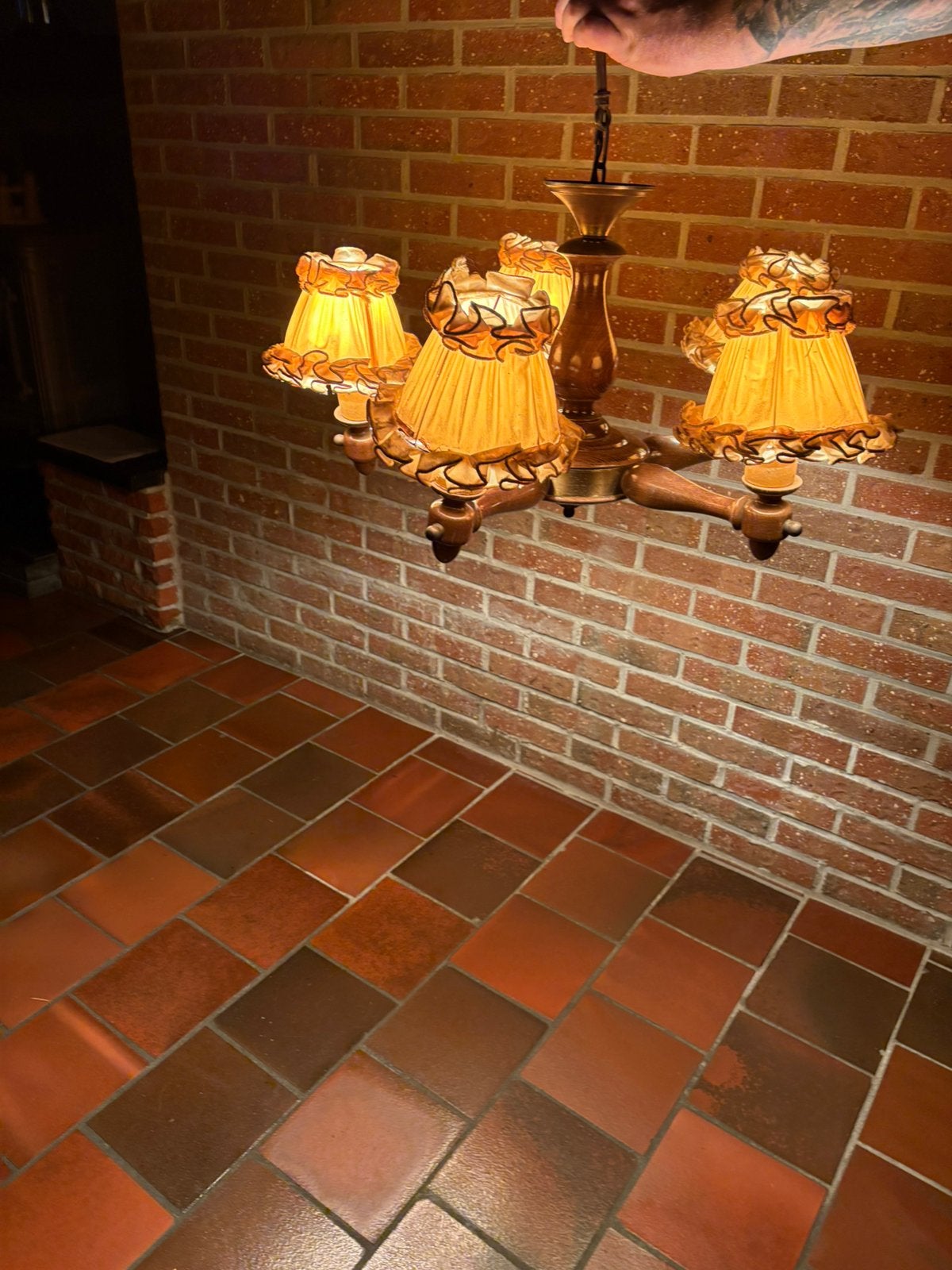 Vintage houten kroonluchter met 6 lichtpunten, Ophalen of Verzenden