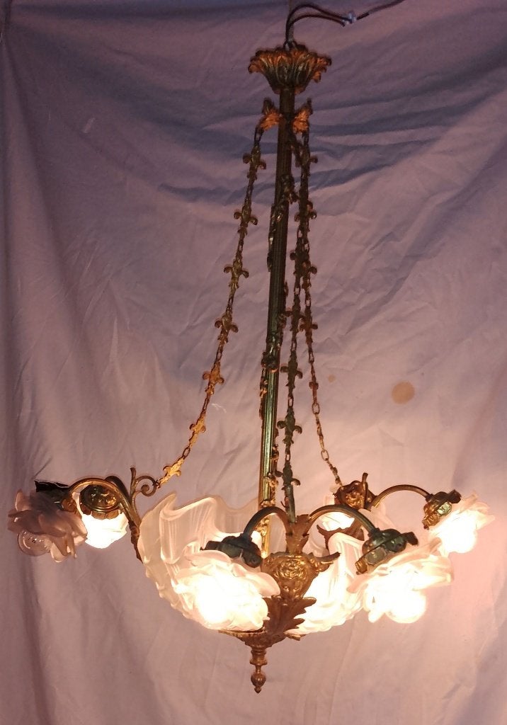 Lustre ancien avec abat-jours en forme de rose, Antiquités & Art, Enlèvement