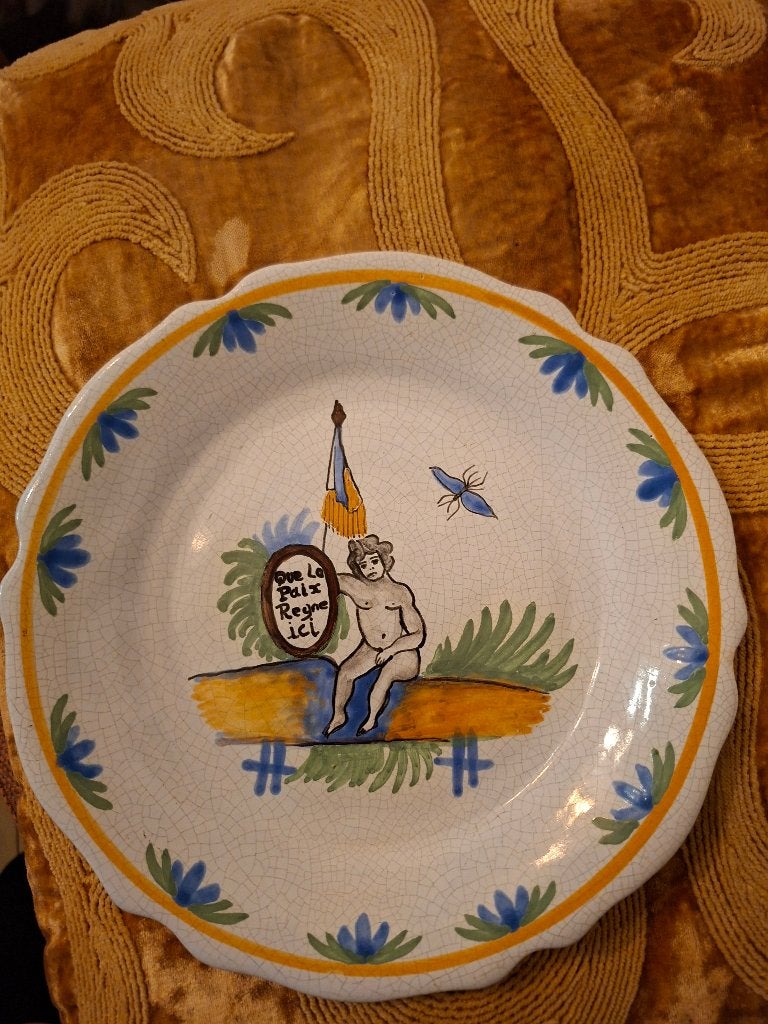 Antiek Frans faience bord "Que la Paix règne ici", Antiek en Kunst, Ophalen of Verzenden