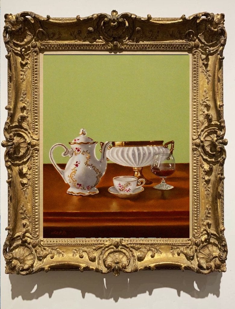 « Une cafetière, une tasse et un verre de brandy »., Antiquités & Art, Peinture à l'huile, Nature morte, Sur cadre en bois, Verre