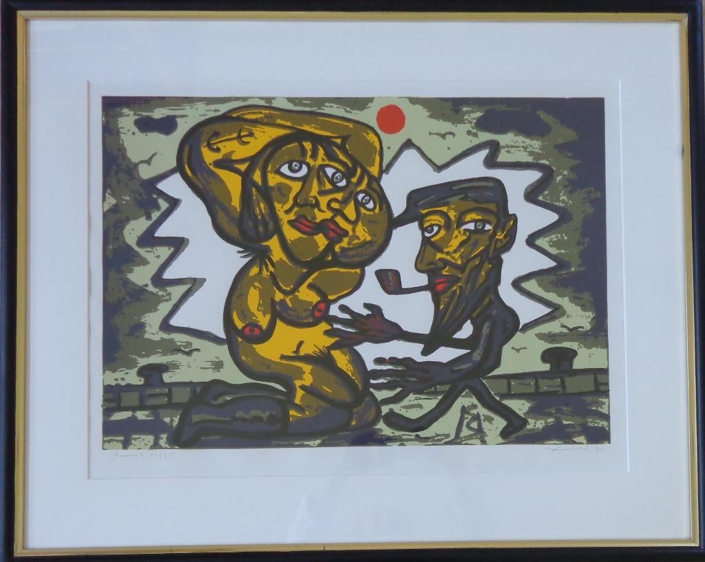 FRED BERVOETS / HIJ MET PIJP / KLEURZEEFDRUK / 79x97cm KADER, Antiquités & Art, Enlèvement