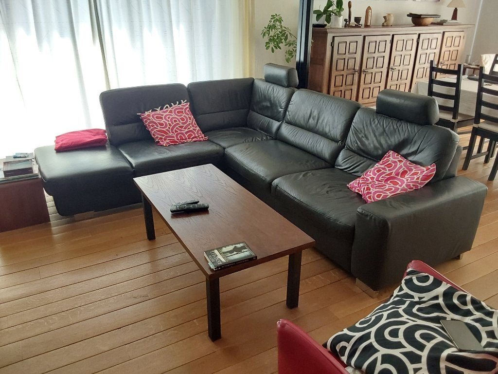 Zwartlederen hoekzetel, Huis en Inrichting, Zetels | Zetels, Ophalen, 250 tot 300 cm, Gebruikt, Minder dan 75 cm