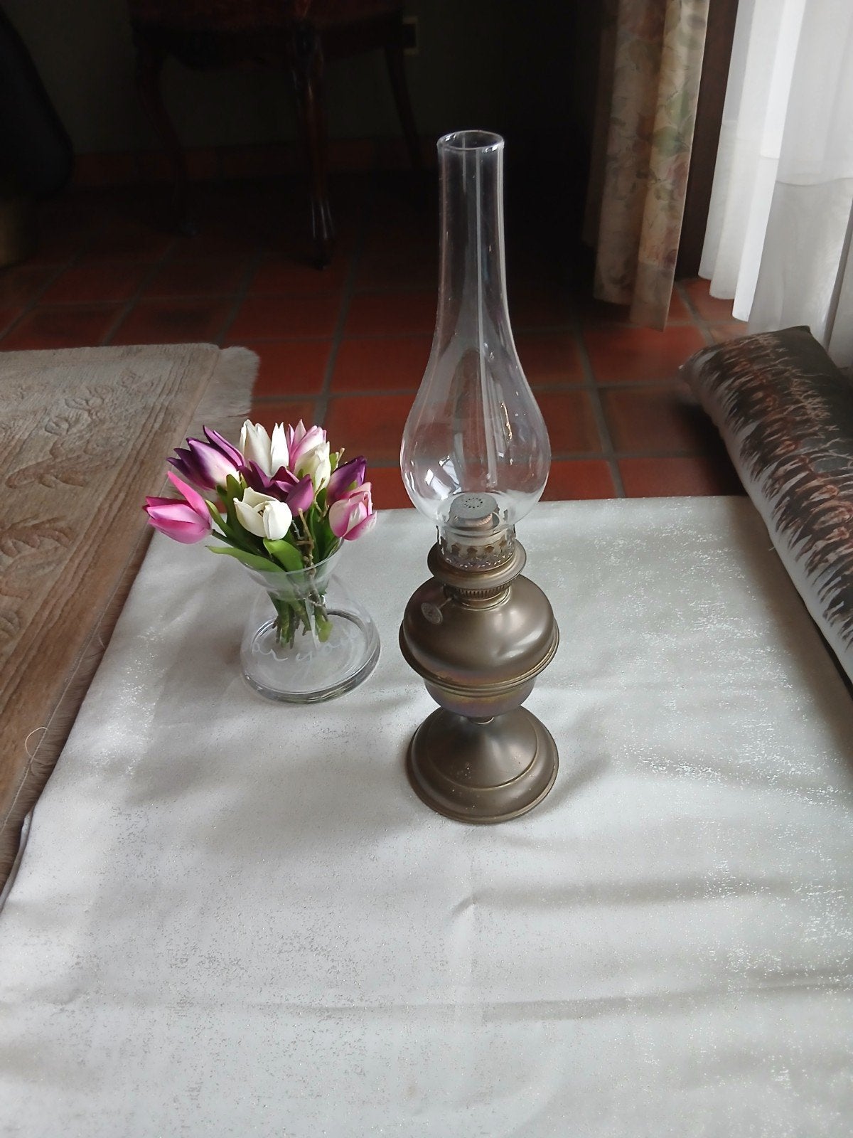 Oude vintage olielamp met glazen schoorsteen – mooie staat, Antiek en Kunst, Ophalen of Verzenden