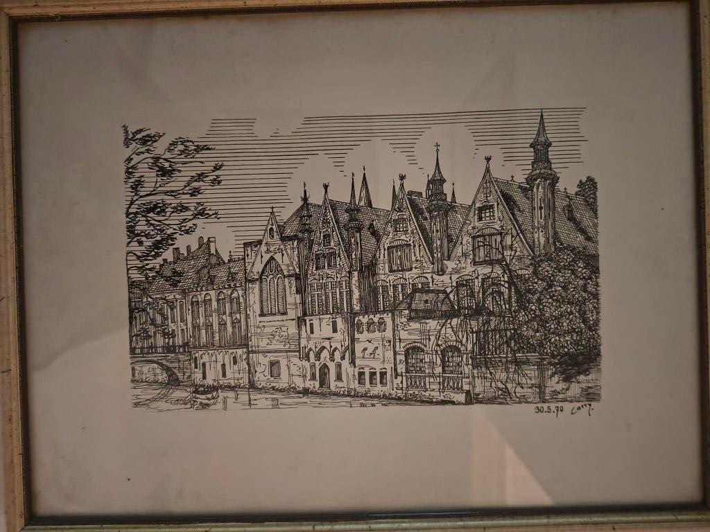 pentekening 1970 Mechelen, Enlèvement, Dessin, Dessin à la plume, Sous verre