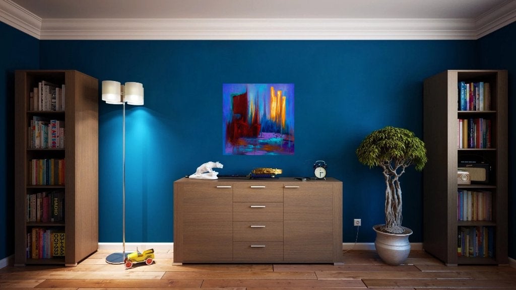 Peinture Abstraite "La Danse Des Flammes" / (60x60 cm), Abstrait, Enlèvement ou Envoi, Métal, Sur cadre en bois