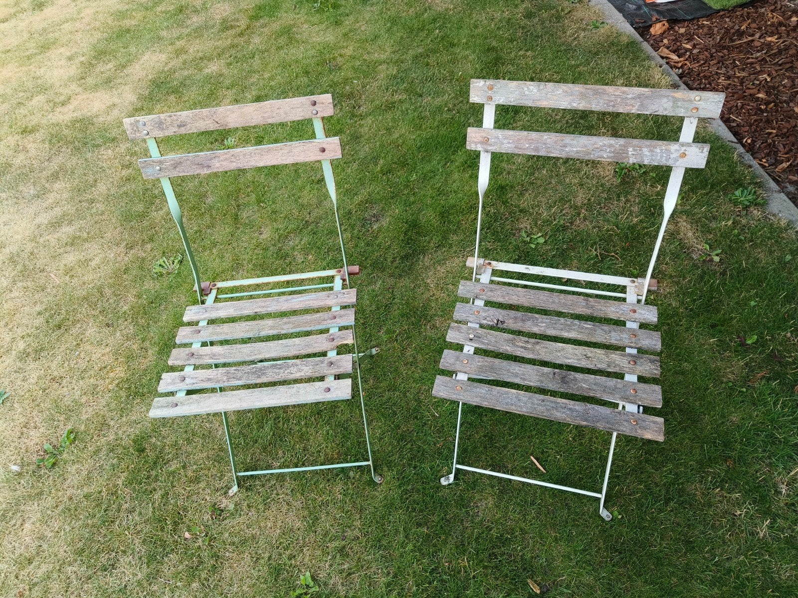 Metalen met hout tuinstoelletjes decoratie, Tuin en Terras, Ophalen, Gebruikt, Metaal, Inklapbaar
