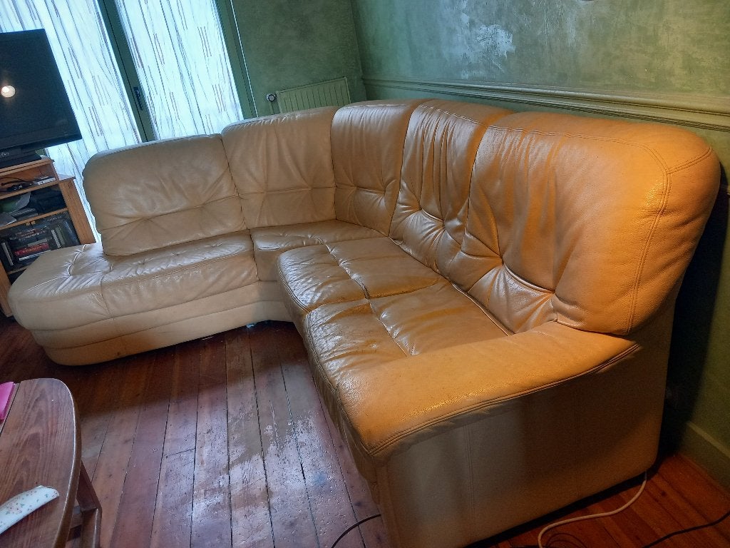 Grote beige 7-zitsbank, Huis en Inrichting, Ophalen, Gebruikt, Overige materialen, Moderne