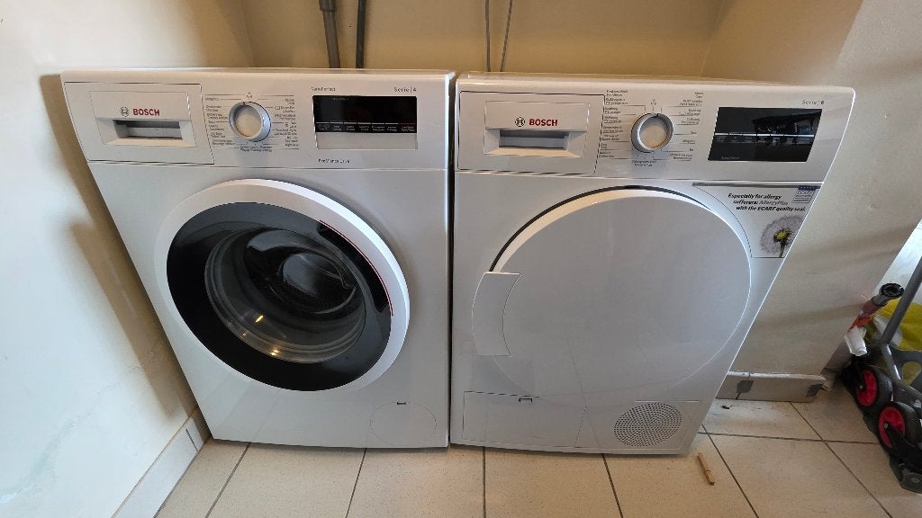 Bosch wasmachine en  condens droogkast, Ophalen, Gebruikt, Anti-kreukfase, Voorlader