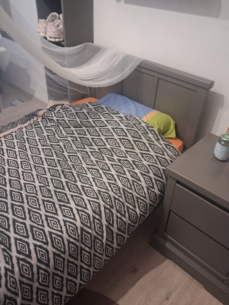 Bed van 100 cm bij 200 cm, Ophalen, Grijs, Hout, 100 cm