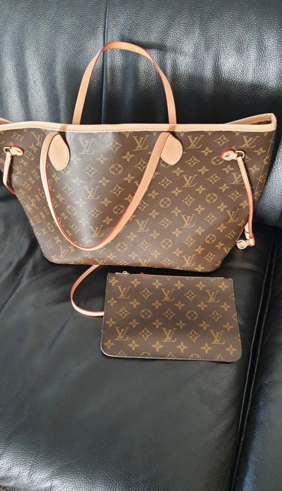 LV LOUIS VUITTON NEVERFULL MM POCHETTE, Ophalen, Nieuw, Bruin, Handtas