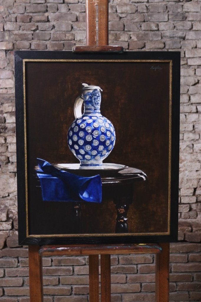 Stilleven Westerwalder, tinnen bord – Marjolein van den Berg, Antiquités & Art, Textile, Signé, Peinture acrylique, Enlèvement