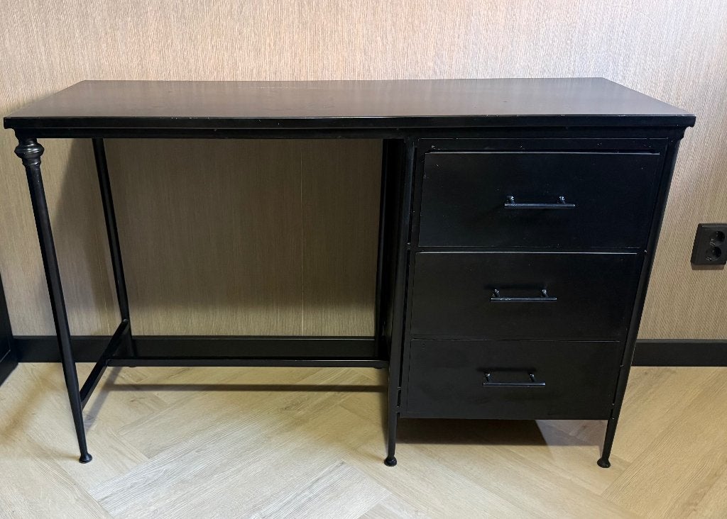 Industrieel zwart metalen Rootsmann bureau met 3 lades, Maison & Meubles, Bureaux, Autres marques, Autres types, 120 cm, Métal