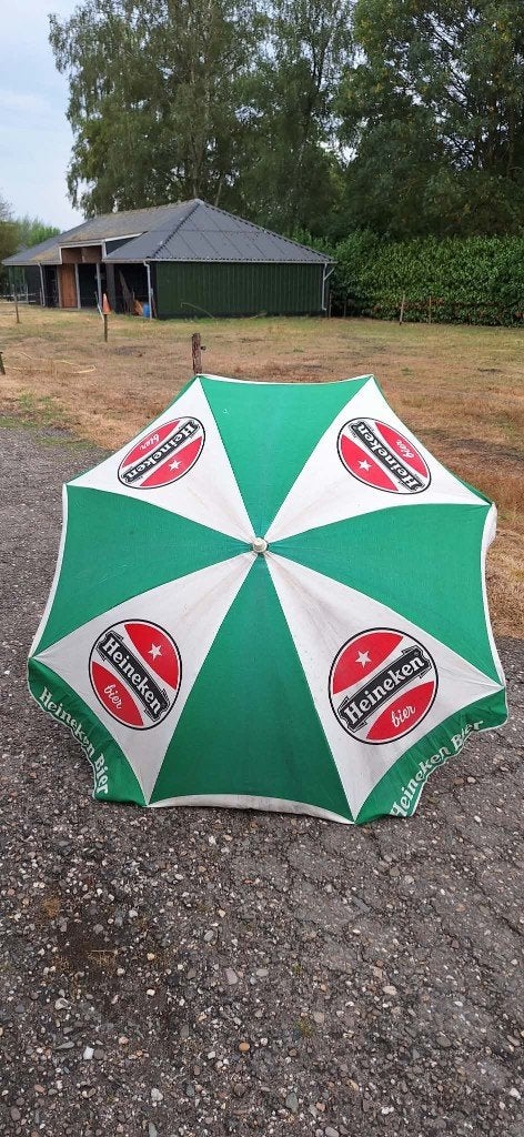 Vrolijke vintage reclame parasol, parasols, div. soorten🌞, Ophalen of Verzenden, Gebruikt, 1 tot 2 meter, Stokparasol