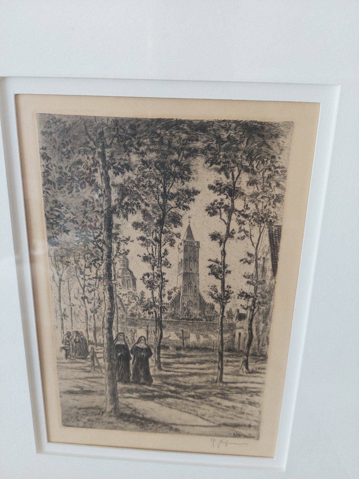 mooie originele ets Vlaams begijnhof 9f kloostertuin met non, Antiquités & Art, Enlèvement ou Envoi, Eau-forte