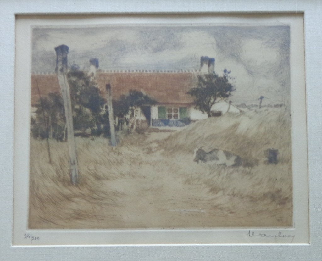 JAN VAN LOOY / HOEVE / KLEURETS / 37x46cm / KADER / SIG, Antiek en Kunst, Gelimiteerde oplage, Ophalen of Verzenden, Landschappen