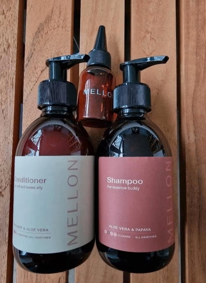 Mellon Shampoo + Conditioner 4x250ml – €89 incl. verzending, Handtassen en Accessoires, Uiterlijk | Haarverzorging, Nieuw, Haarverzorger of -hersteller