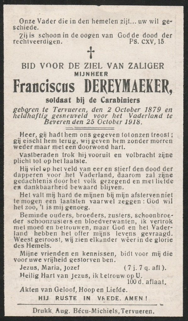 Gesneuvelde 1914-1918 Franciscus Dereymaeker Tervueren, Verzenden, Bidprentje