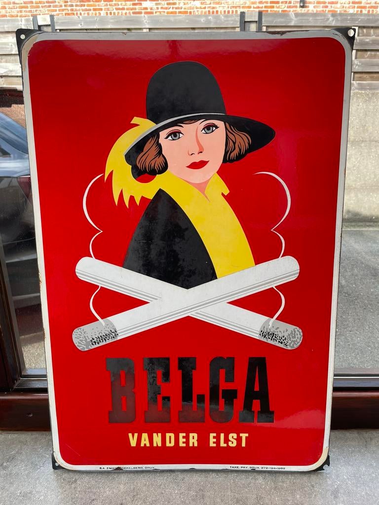 Belga reclamebord in email 1958, Verzamelen, Ophalen, Zo goed als nieuw, Reclamebord