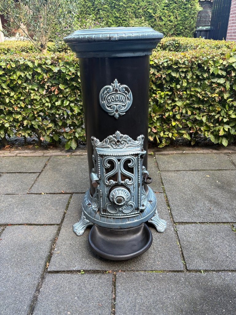 Mooie retrolook Godin houtkachel of kolen allesbrander 5KW, Ophalen, Vintage, Gebruikt, Blauw
