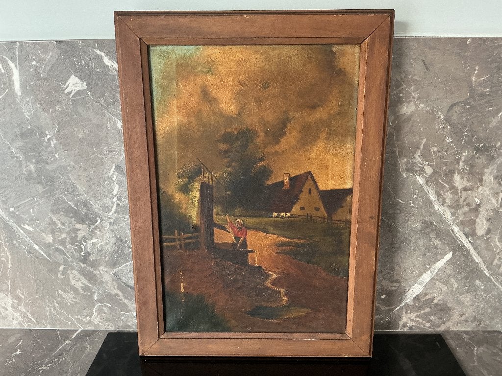 Schilderij waterpomp, Antiek en Kunst, Ophalen, Doek, Landschap, Olieverf