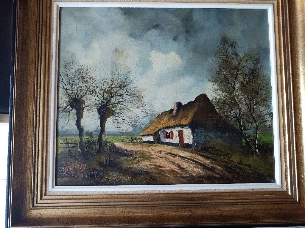 Olieverfschilderij hoeve met kader 67x77cm, Antiek en Kunst, Ophalen, Bijzondere lijst