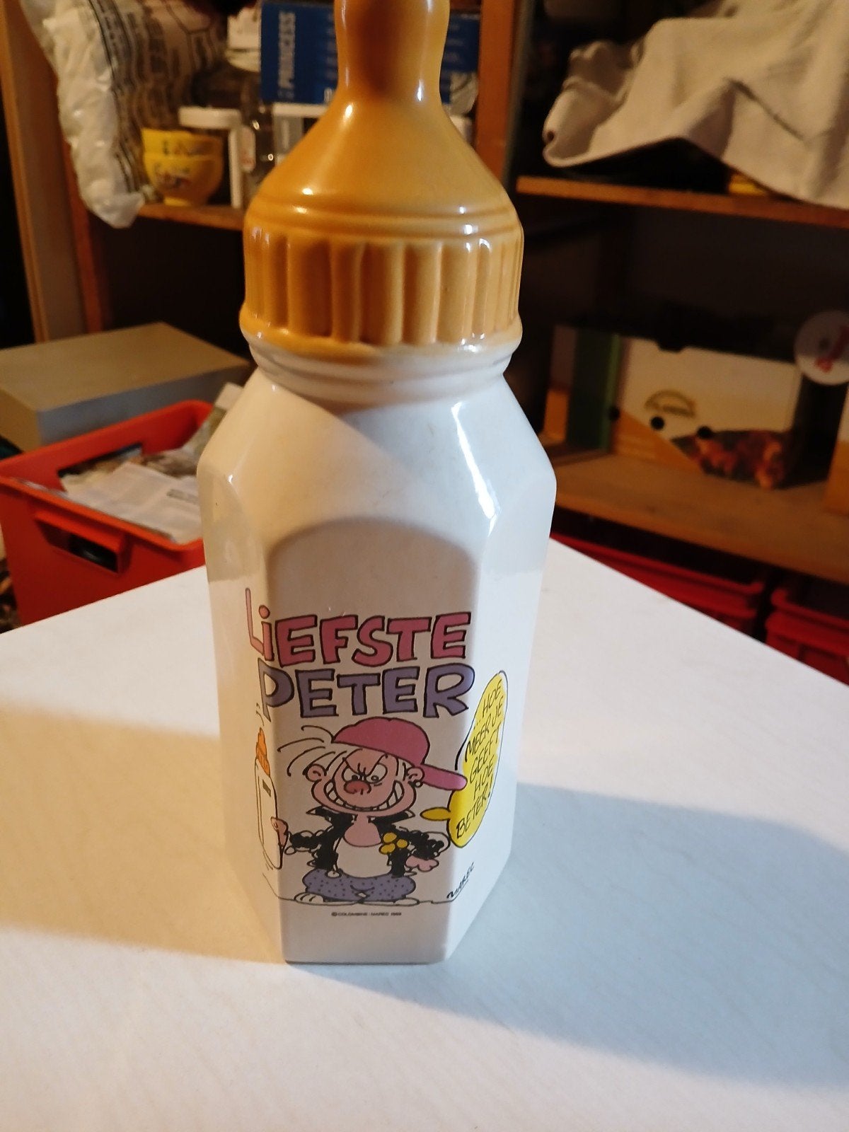 Spaarpot "liefste peter" in de vorm van een papfles, Verzamelen, Spaarpotten, Ophalen of Verzenden