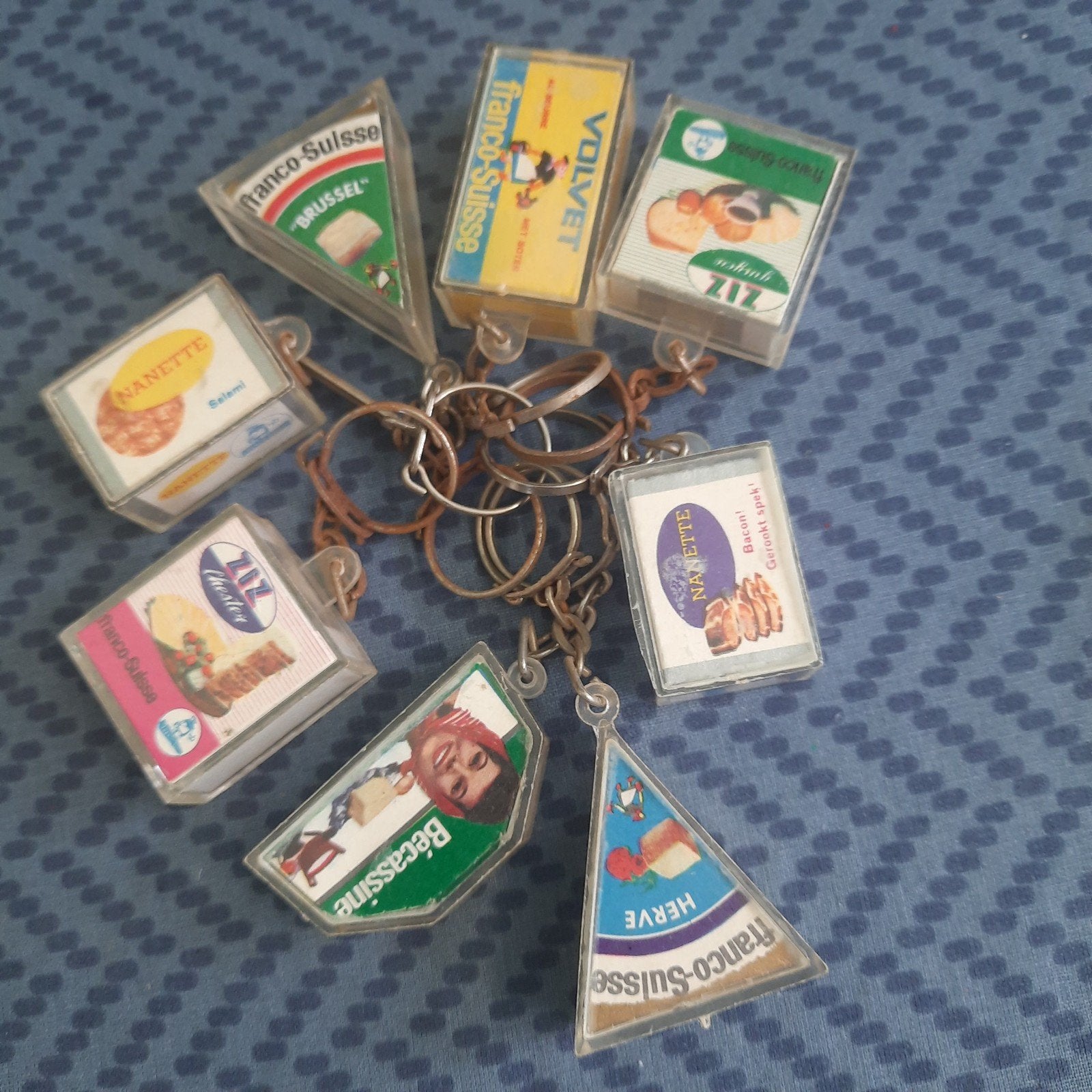 8 VINTAGE productsleutelhangers: KAAS en KAASVERPAKKINGEN, Verzamelen, Ophalen, Zo goed als nieuw, Merk