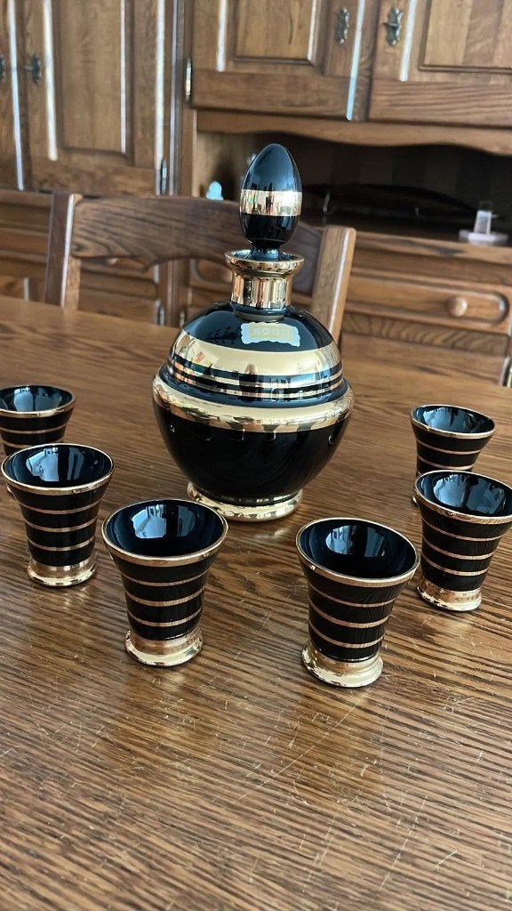 Vintage Boom Glas goud/zwart likeurset, Enlèvement