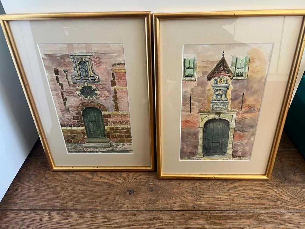 Set van 2 aquarellen Pros Van Hecke – Vlaamse gevels, Huis en Inrichting, Woonaccessoires | Lijsten, Ophalen, Zo goed als nieuw