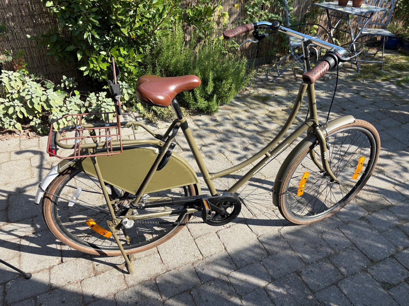 Kaki retro meisjes/damesfiets 56cm-28inch, Fietsen en Brommers, Terugtraprem, Gebruikt, Popal, Handrem