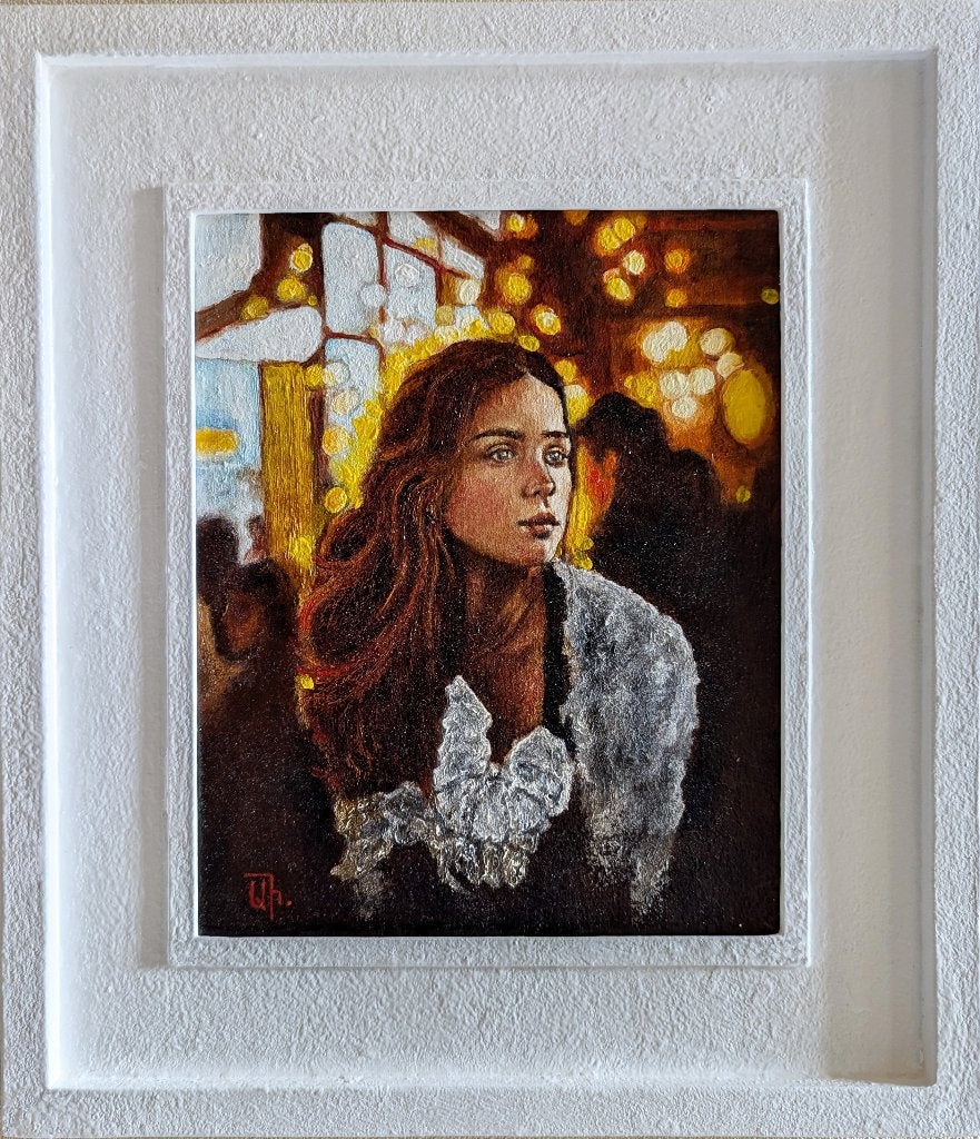 « Au café », Textile, Peinture à l'huile, Portrait, Passe-partout