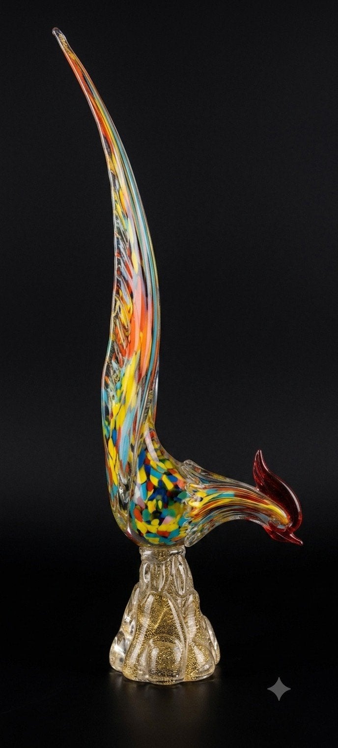 Prachtige XL Murano Glas Vogel (50 cm) – Tutti Frutti & Goud, Glas, Ophalen of Verzenden, 50 cm, Beeld