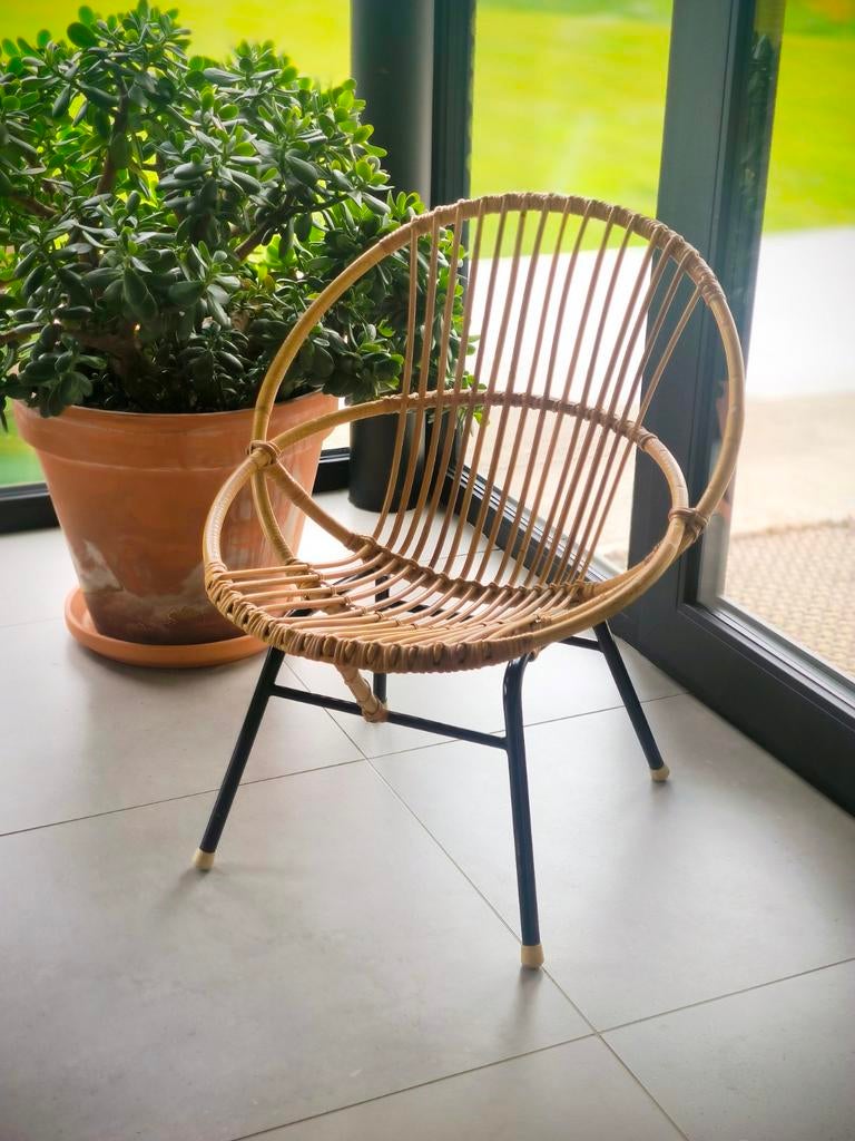 Vintage fauteuil met rotan schelp, jaren 60, Huis en Inrichting, Fauteuils, Ophalen