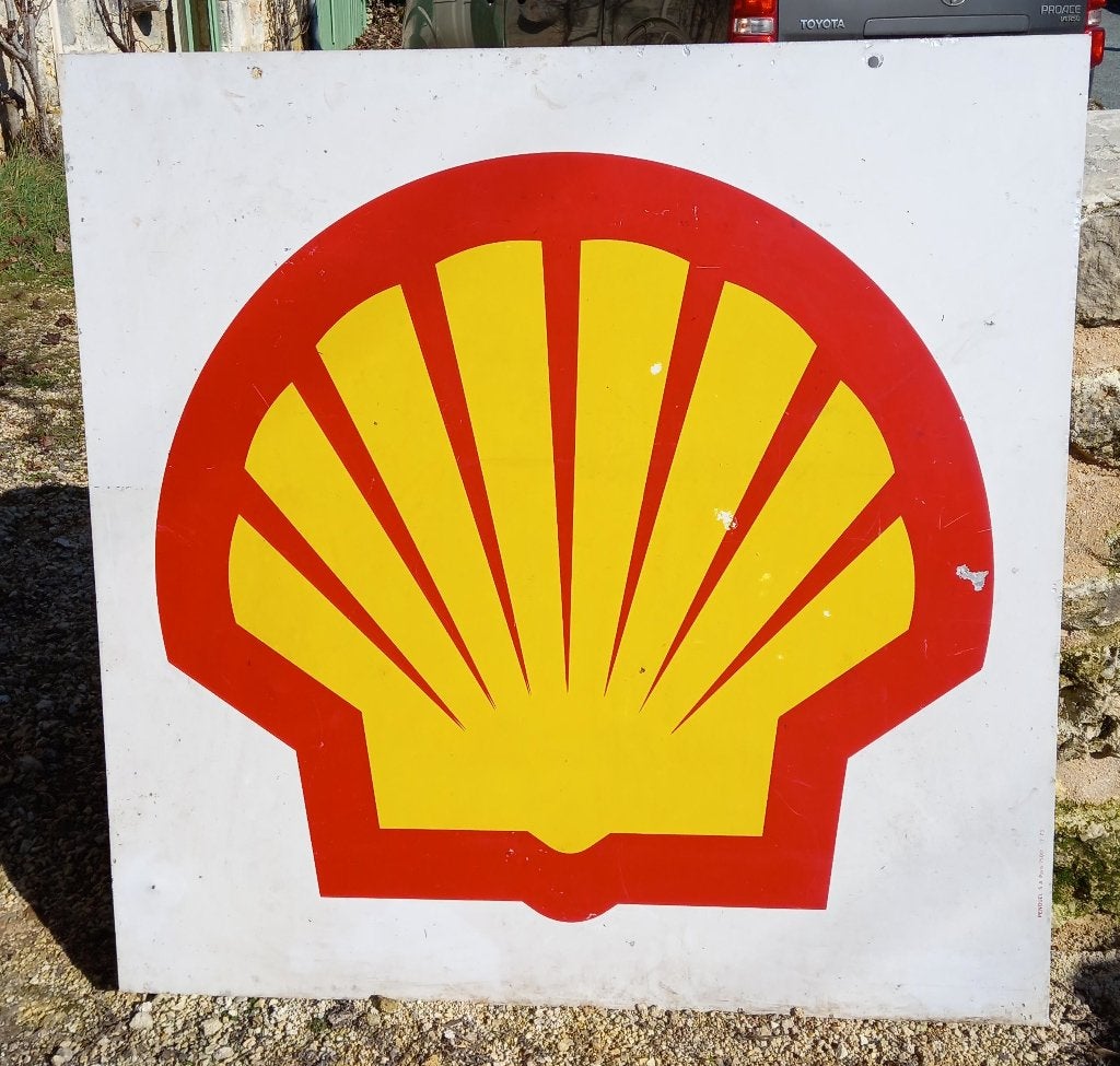 Groot dubbelzijdig metalen reclamebord SHELL, Verzamelen, Ophalen, Gebruikt, Reclamebord