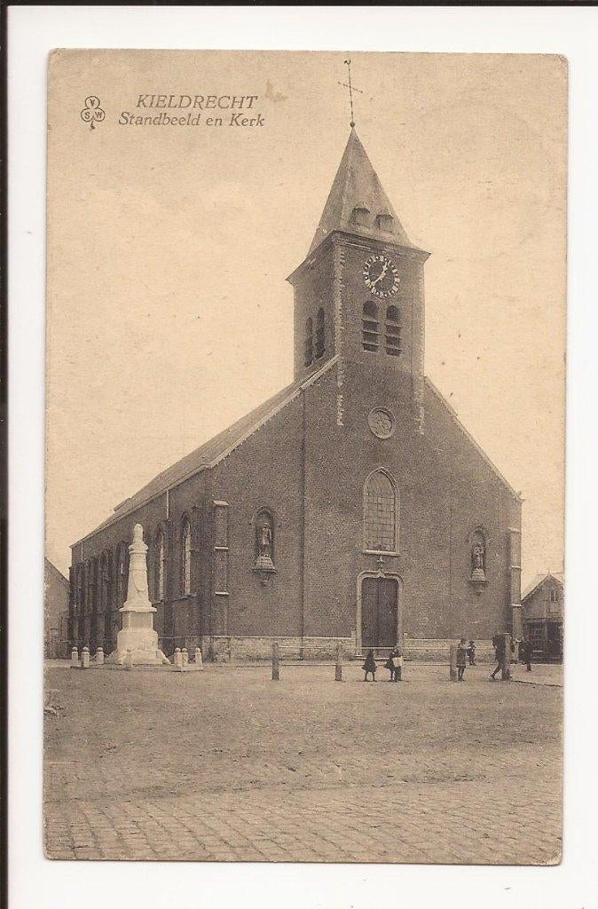 Kieldrecht standbeeld en kerk 1928, Verzenden, 1920 tot 1940, Gelopen, Oost-Vlaanderen