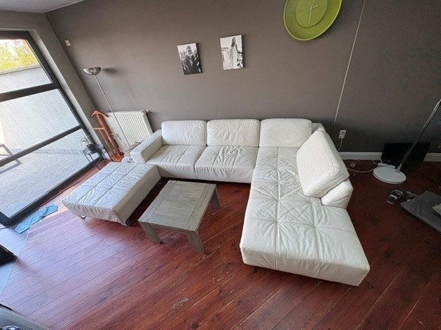 Lederen Hoeksalon + poef, Ophalen, 250 tot 300 cm, Gebruikt, Leer
