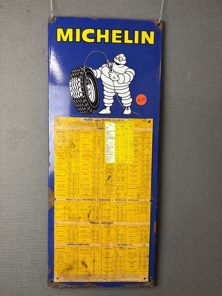 Michelin emaille banden spannings tabel 1968, Ophalen of Verzenden, Gebruikt, Reclamebord