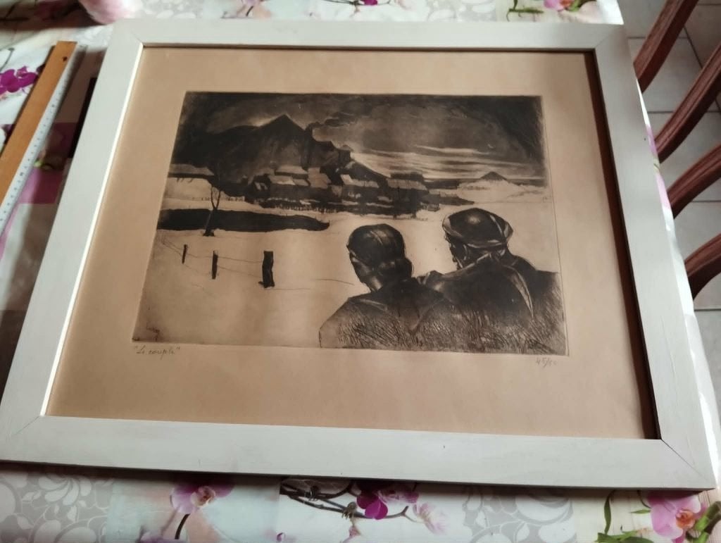 Lithographie Marius Carion, Antiquités & Art, Eau-forte, 30 cm, Vie quotidienne, 39 cm