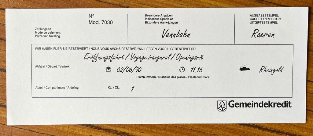 VENNBAHN - TICKET RHEINGOLD - VOYAGE INAUGURAL 1990, Collections, Trains & Trams, Enlèvement ou Envoi, Neuf, Train