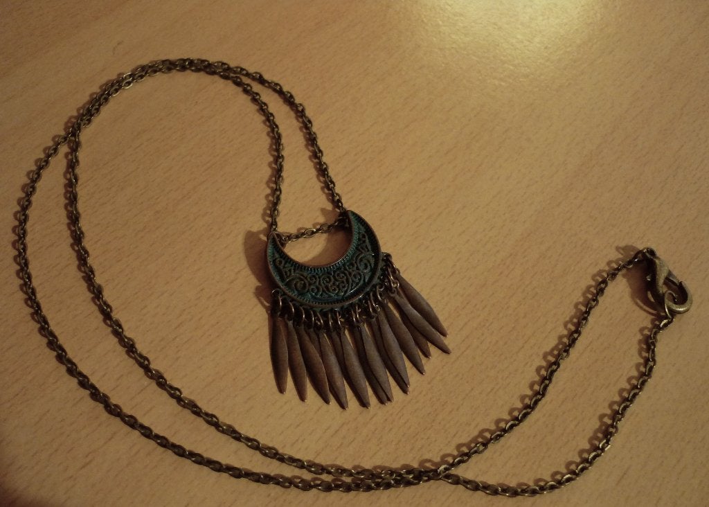 Bronskleurige ketting met groene etnische hanger, Ophalen of Verzenden