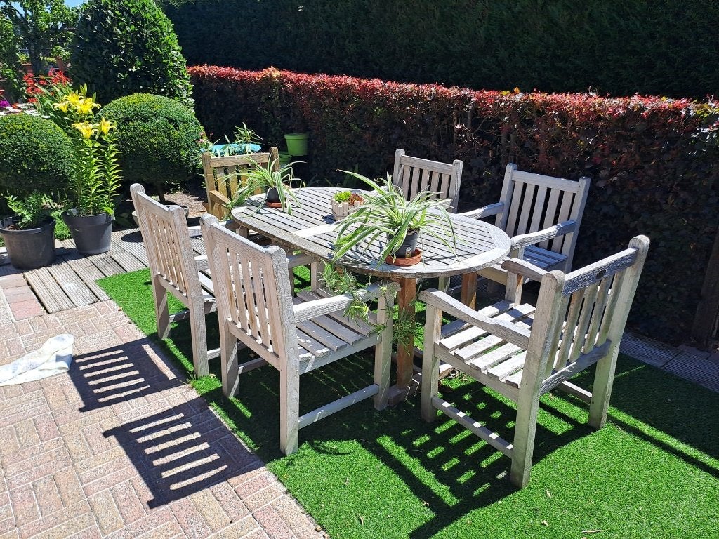 tuinset tafel en stoelen in teak, Ophalen, Gebruikt, 6 zitplaatsen, Teakhout
