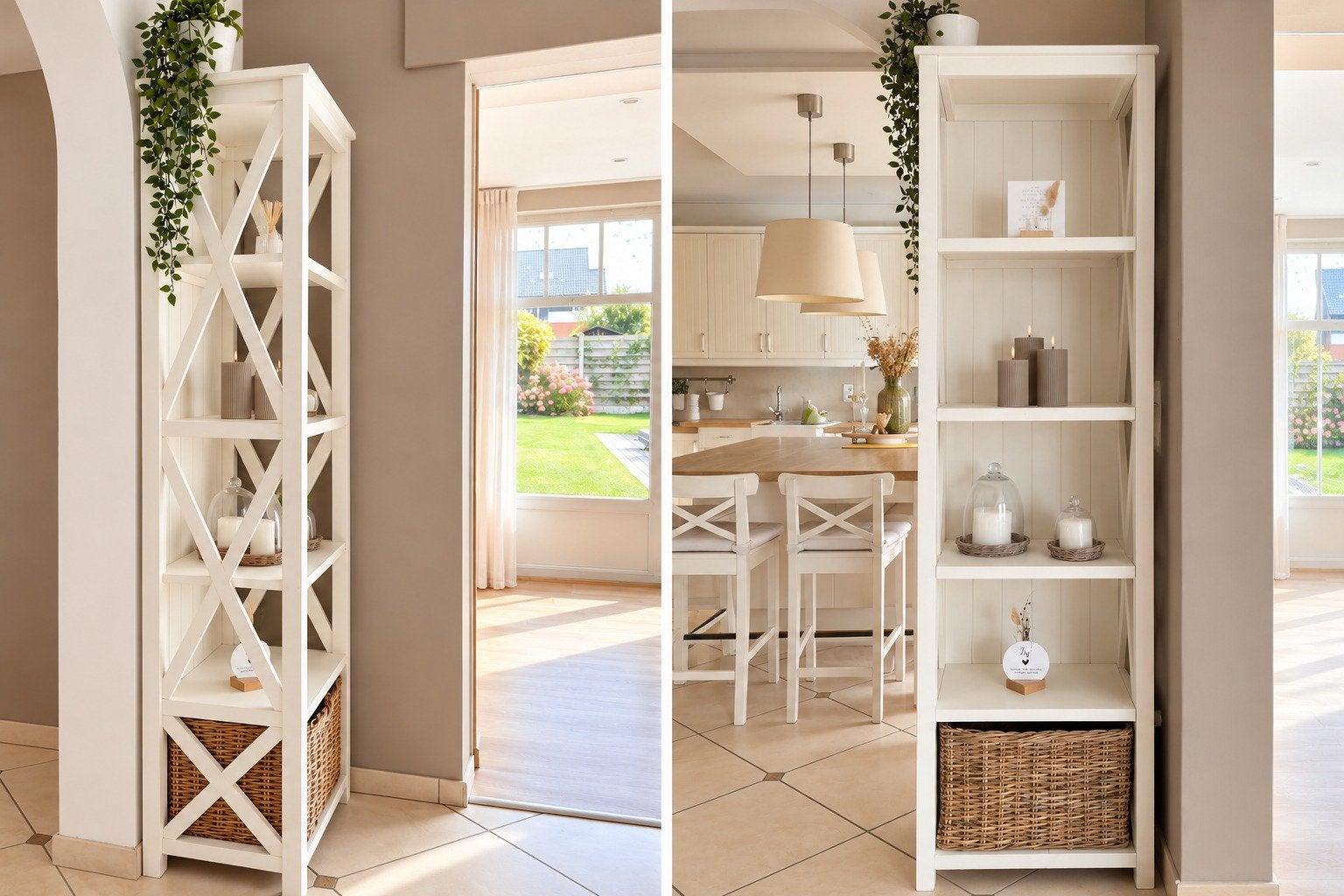 Prachtig hoog landelijk wit decoratierek met rieten mand, Ophalen, Zo goed als nieuw