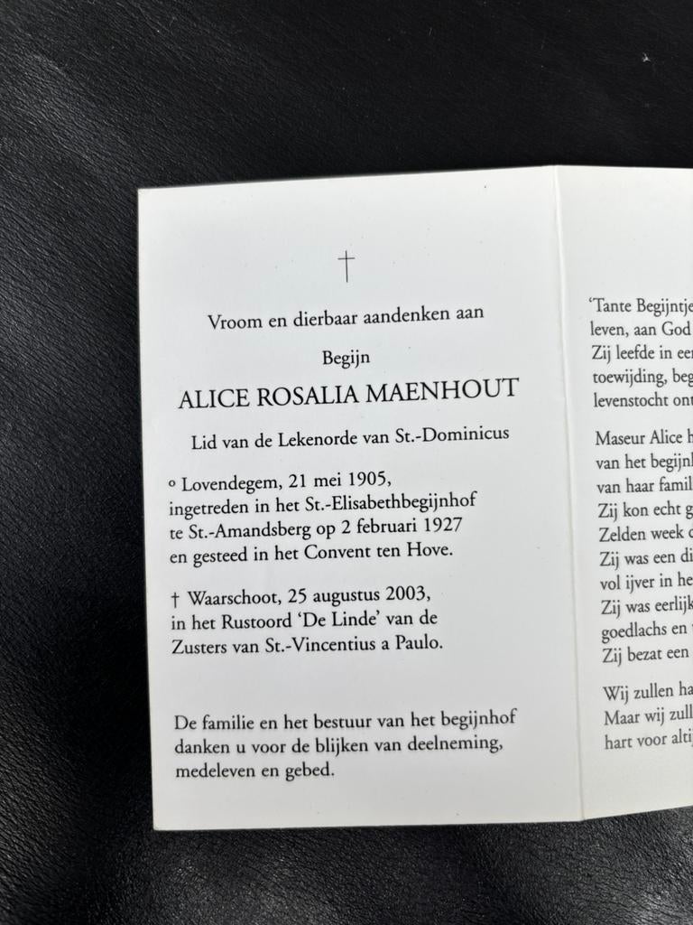 Begijn Alice Rosalia Maenhout, Verzamelen, Verzenden, Bidprentje