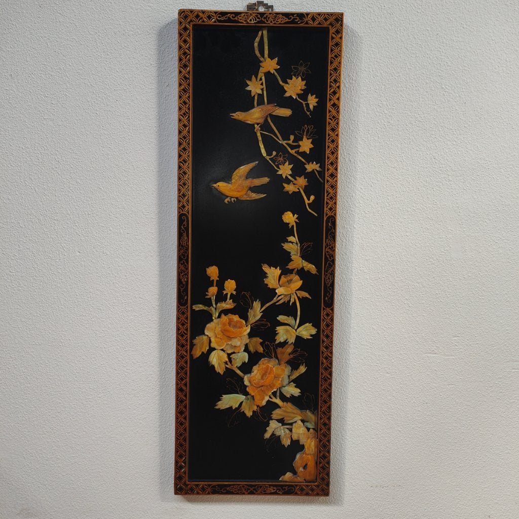 Vintage Chinees zwart gelakt wandpaneel, wanddecoratie, Gebruikt, Vintage, Ophalen of Verzenden, Zwart