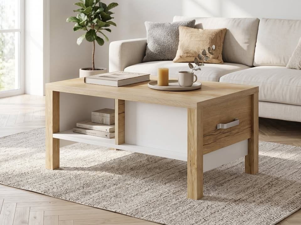 Table basse OLIANNE 90 cm chêne naturel/blanc, Maison & Meubles, Tables | Tables de salon, Neuf, 50 à 100 cm, Enlèvement, 50 à 100 cm