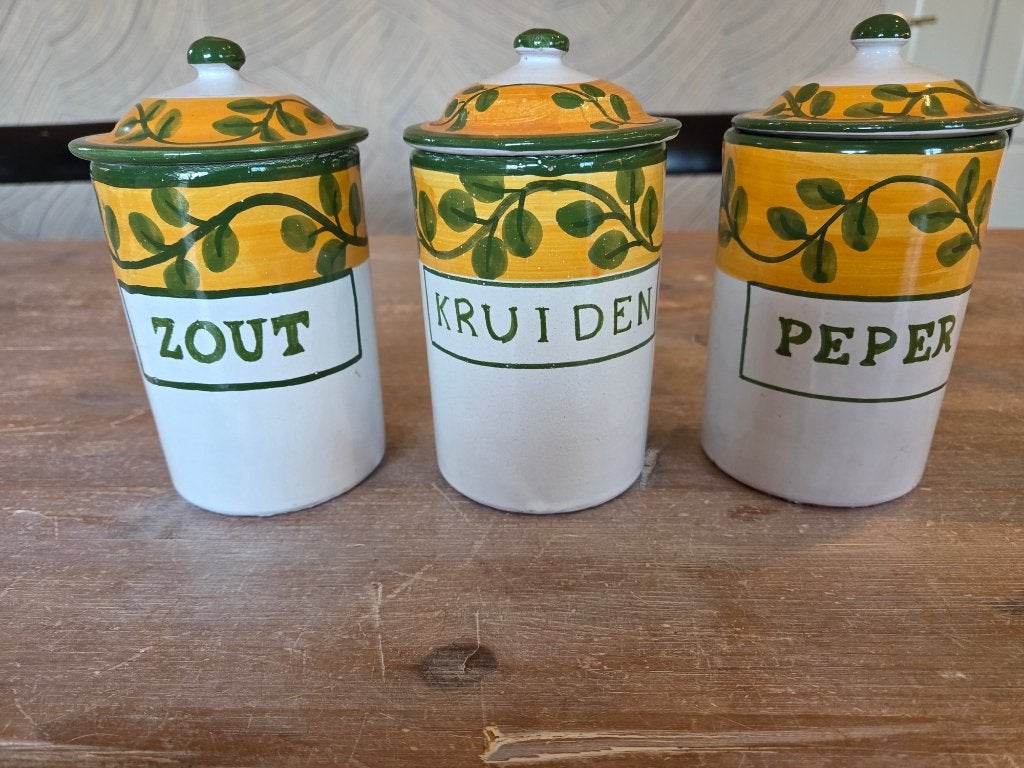 3 voorraadpotten met olijftakken uit Portugal, Overige merken, Ophalen of Verzenden, Zo goed als nieuw, Aardewerk