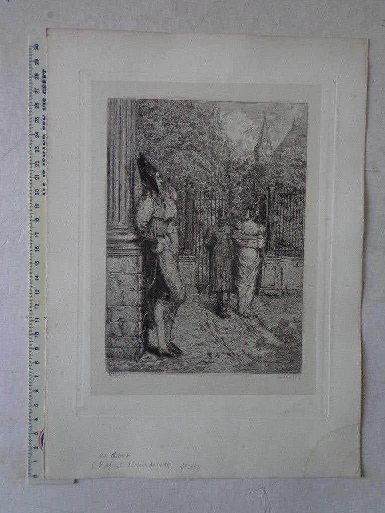 19de eeuwse ets van A. Gilbert "18de eeuwse scène" uit 1873, Antiek en Kunst, Kunst | Etsen en Gravures, Dagelijks leven, 1800 - 1899