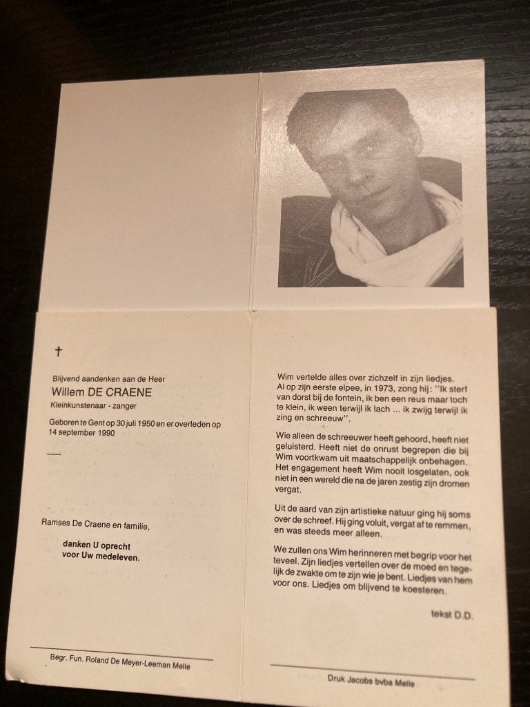 Bidprentje Wim De Craene, Ophalen of Verzenden, Bidprentje