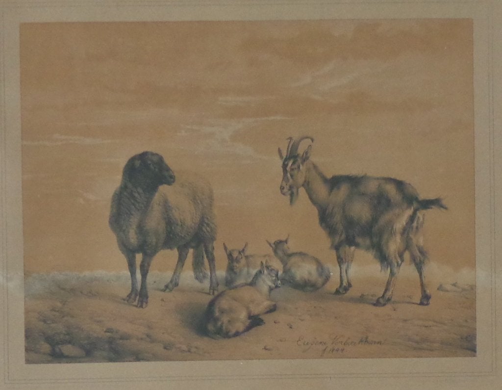 EUGENE VERBOECKHOVEN / GEITEN & SCHAAP / LITHO 44x50cm KADER, Ingelijst, 1800 - 1899, Ophalen of Verzenden, Flora en Fauna