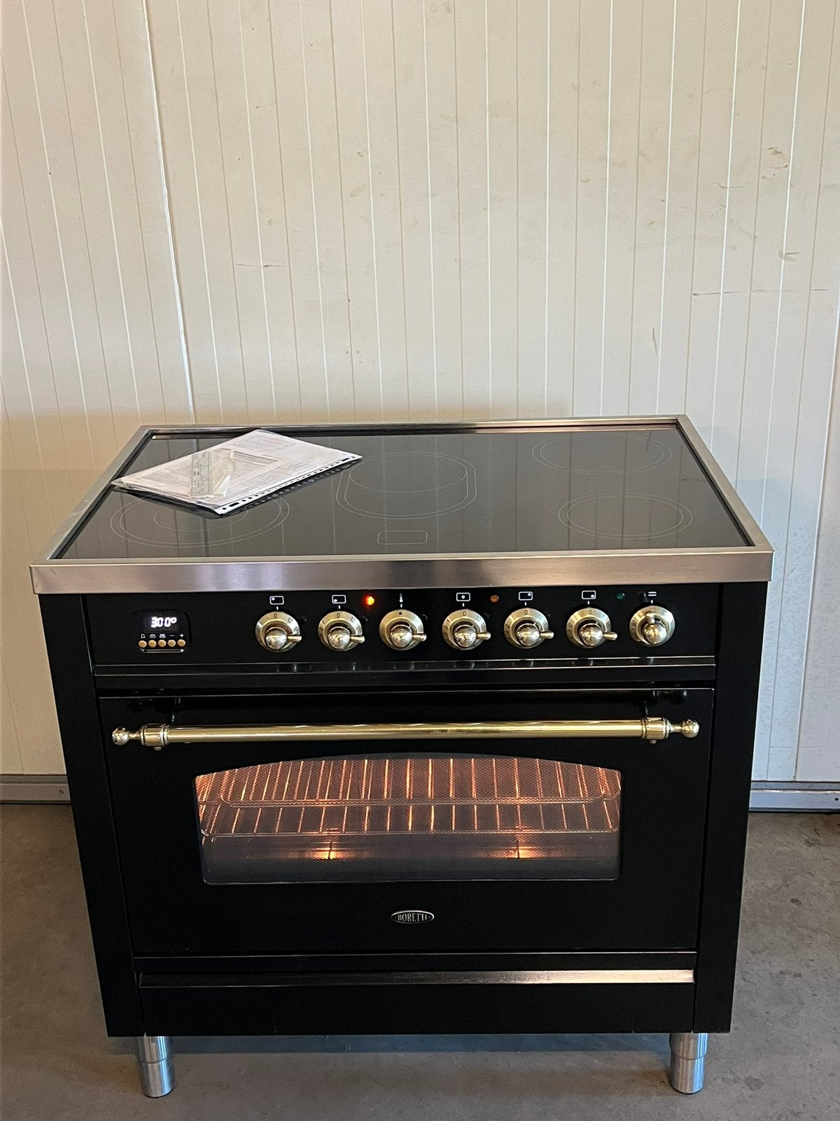 Luxe Boretti fornuis keramisch hooglans zwart/messing - 90cm, Electroménager, Cuisinières, Enlèvement, Comme neuf, Céramique